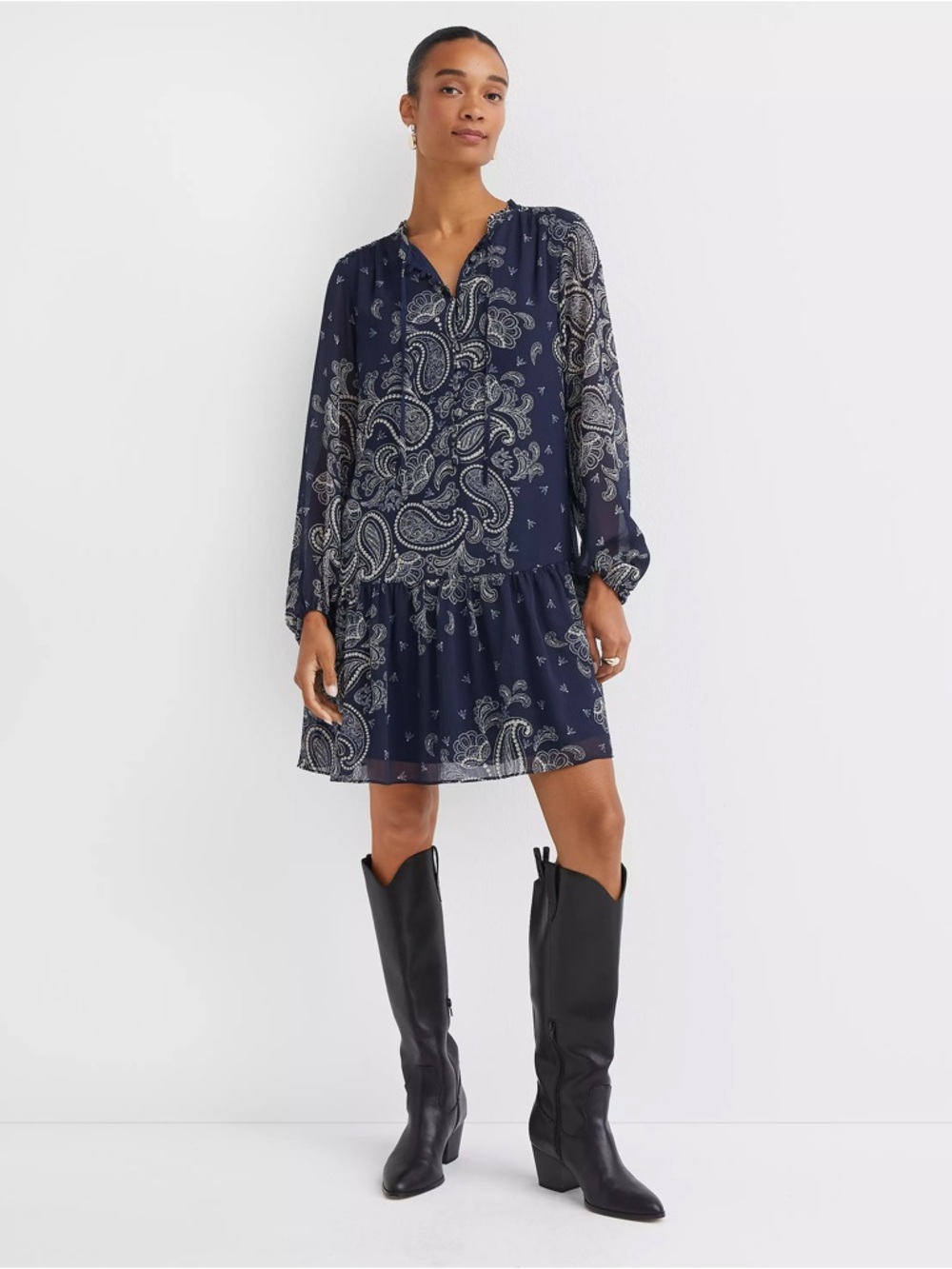 LOFT Paisley Button Flounce Mini Dress – Deep Space Blue (NWT, Size S)